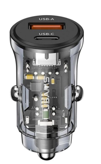 Зображення АЗП Usams C32 (US-CC164) USB-A/USB-C QC&PD3.0 30W 3A Transparent Black