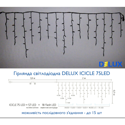Гірлянда Delux Icicle 75LED 2x0.7m 18 flash білий/чорний IP44 EN (90012952) фото №3
